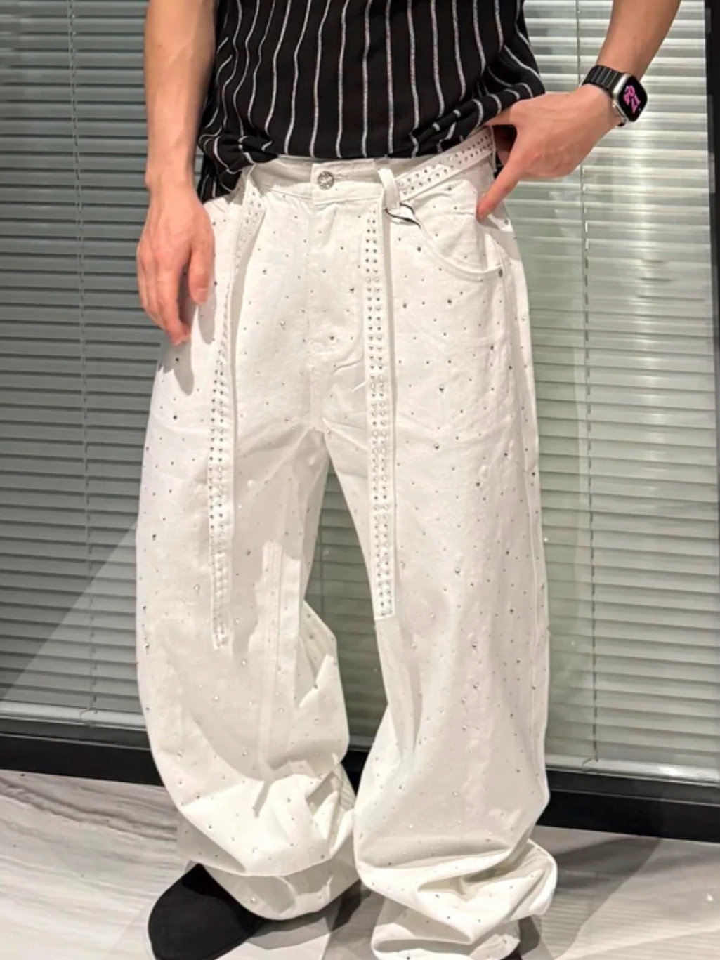 Men's Women's 2025 Summer Fashion Denim Trousers Personality Hot Diamond Starry Sky High Street Jeans Loose Straight Denim Pants