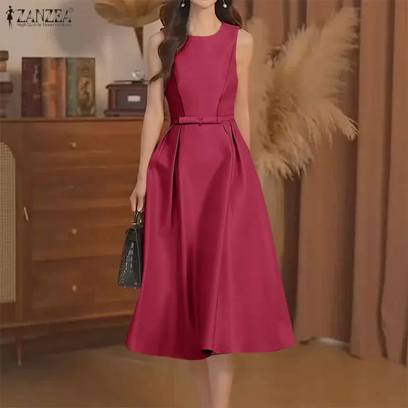 Zanzea elegante verão vestidos de festa à noite moda feminina cetim seda longo vestido sem mangas sexy sólido midi robe femme