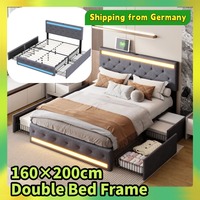 Comanlai 160 x 200 cm Double Bed Frame with LED Light and 4 Drawers,Upholstered Bed with Wooden Slatted Frame,Linen