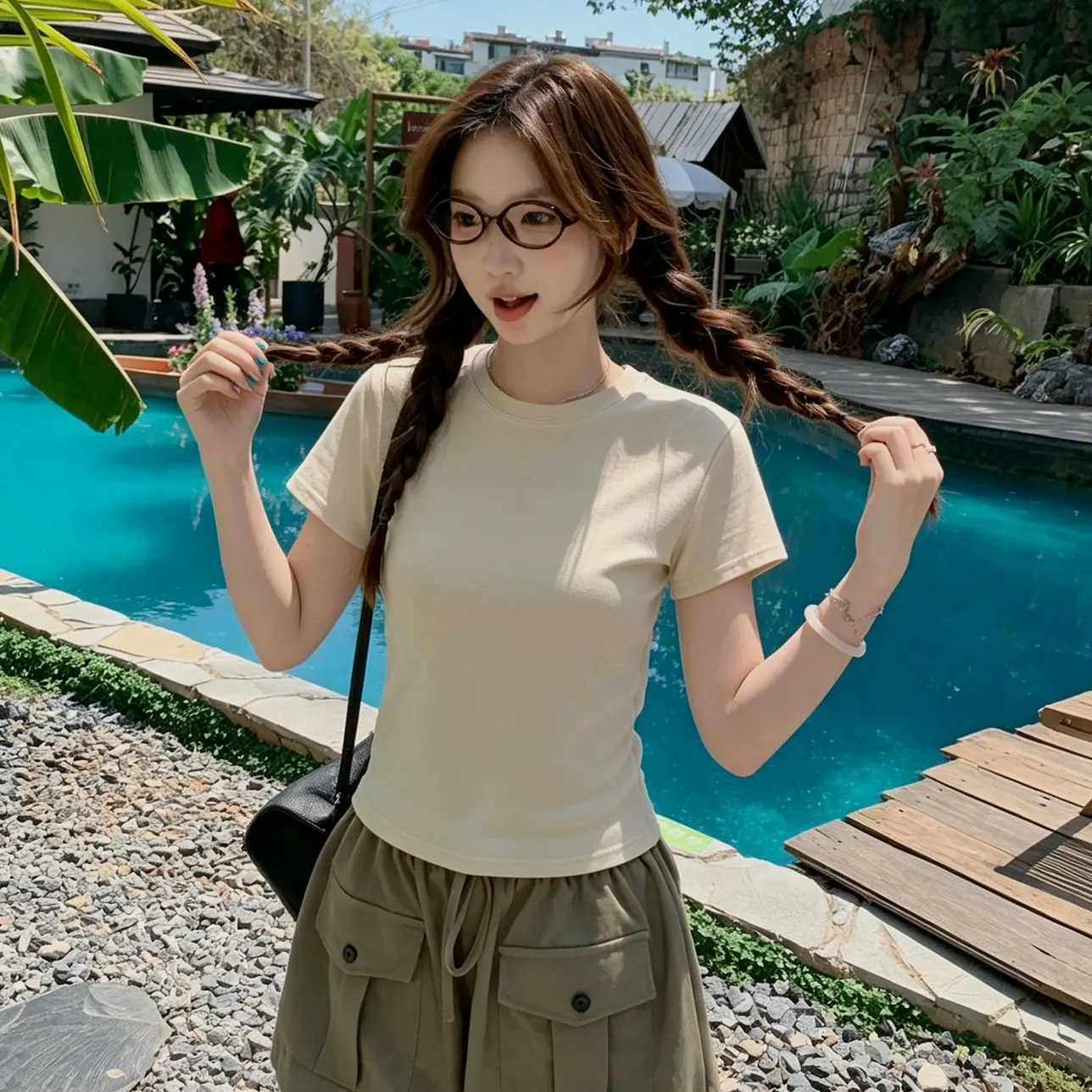 Slim Fit round Neck Short Sleeve T-Shirt Women's Summer Casual Style Cotton Blend Elastic Fiber Low Waist Design Basic Top