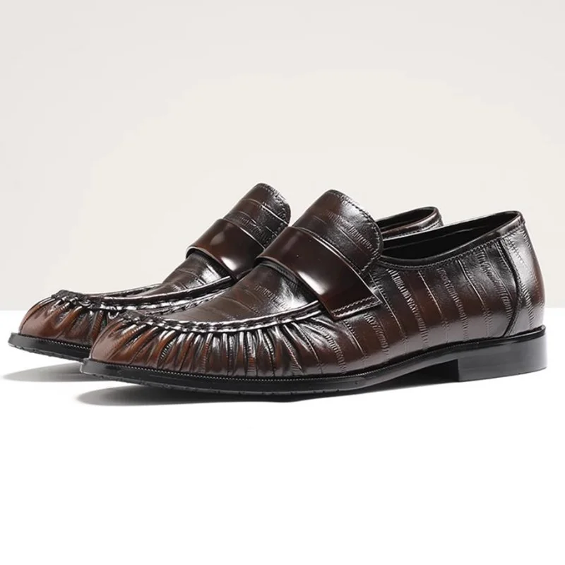 

Eel Patterned Sheepskin Lined Business Casual Leather Shoes Men's Wrinkle Resistant Cowhide Leather Loafers Dress Shoes