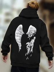 Street Trend Wings Printing Hoodie For Men Pocket Drawstring Pullovers Loose Fleece Warm Sweatshirts Autumn Comfortable Clothes