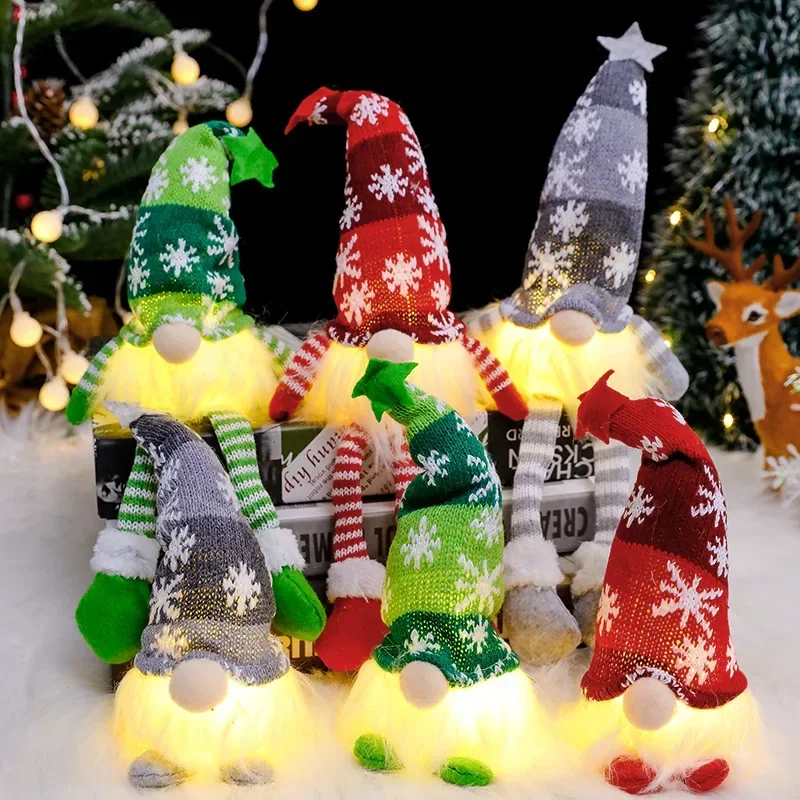 مضيئة عيد الميلاد دمية مجهولي الهوية محبوك ندفة الثلج جنوم دمية زخرفة عيد ميلاد سعيد ديكور المنزل 2025 السنة الجديدة هدية عيد الميلاد