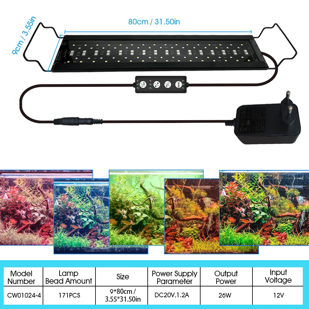 Aquariumbeugellamp, koel geheel zwart ontwerp, gemaakt van roestbestendig en duurzaam aluminiumlegering, verstelbaar met verschillende lichtkleuren, tijdschakelaarontwerp, beugellengte kan vrij worden