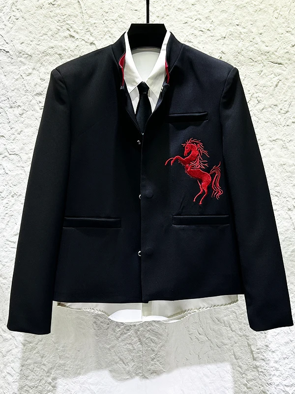 

New Year Limited Design Embroidered ort Jaet M Manin Collar High Faion Bla Suit Casual Urban Sle Polyester Fiber