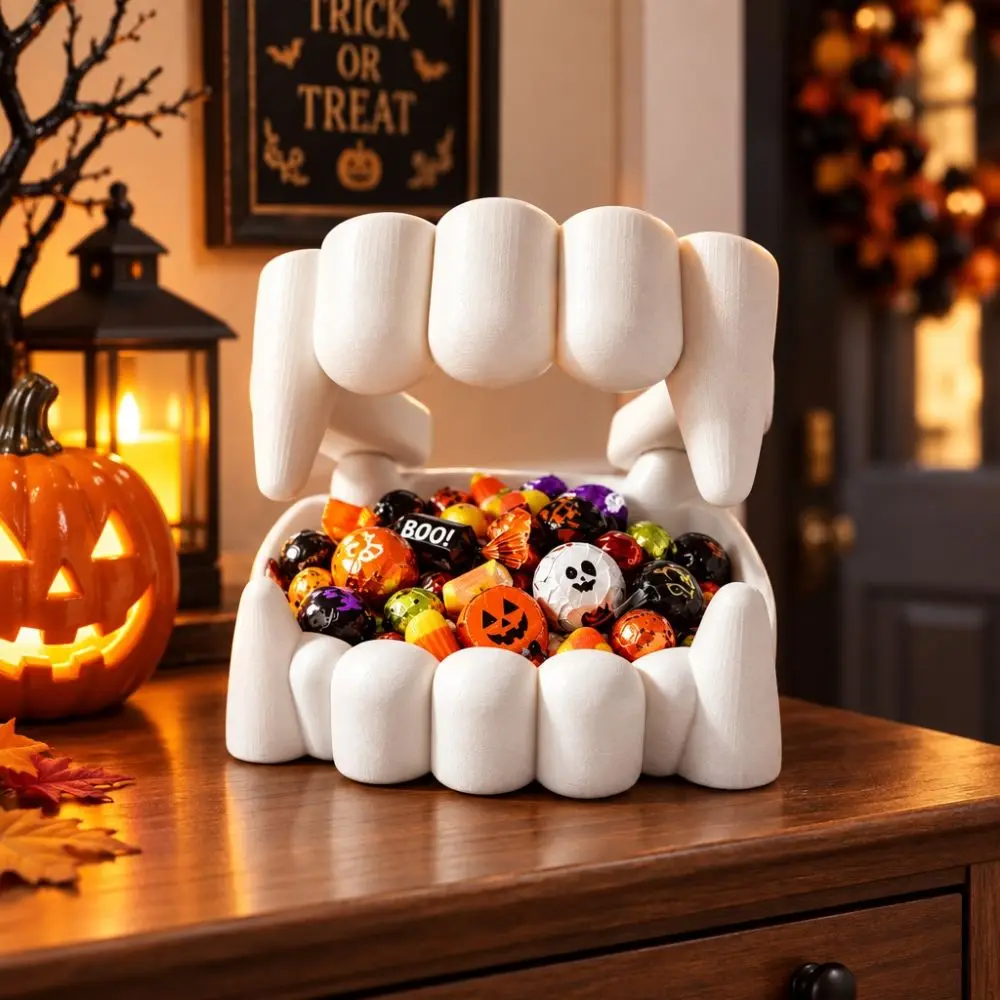 3D Printing Bloodsucker Teeth Candy Bowl White Plastic Bloodsucker Teeth Desk Ornament Decorative Halloween Dentures Candy Bowl