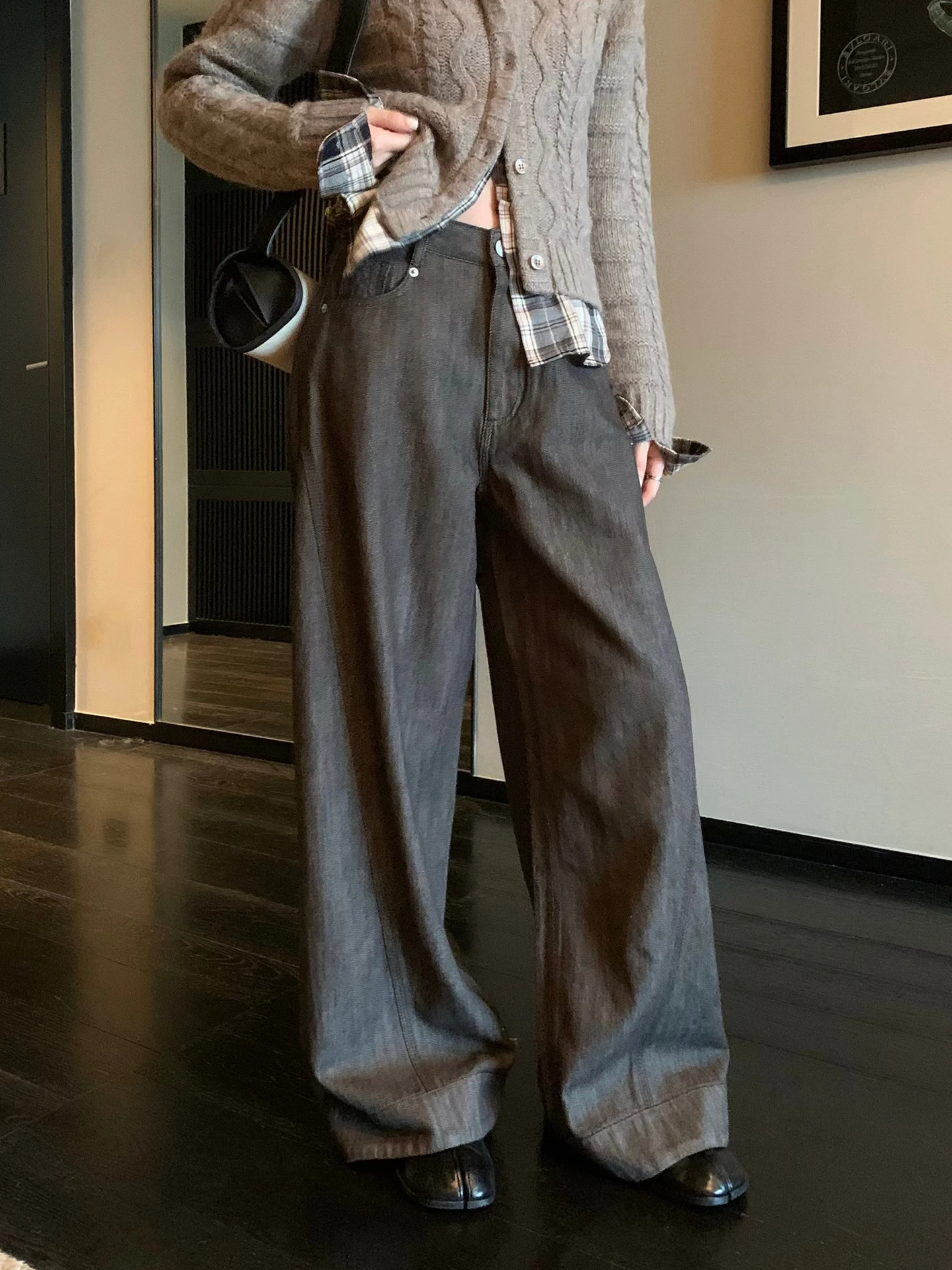

Loose Wide Leg Straight Cut Casual Pants Women's Autumn Winter Linen Suit Pants Comfortable High Waist Button Closure