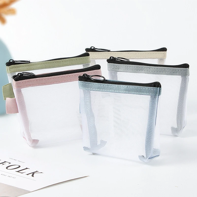 Portable Clear Mesh Coin Bags Coin Purse Mini Zipper Change Purse Bus ID Credit Card Holder Key Earphone Data Line Storage Bags