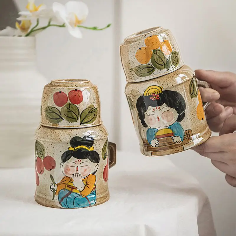 

425ml antique hand-painted ceramic mug large capacity with lid bubble tea cup office water cup cute small thermos teapot