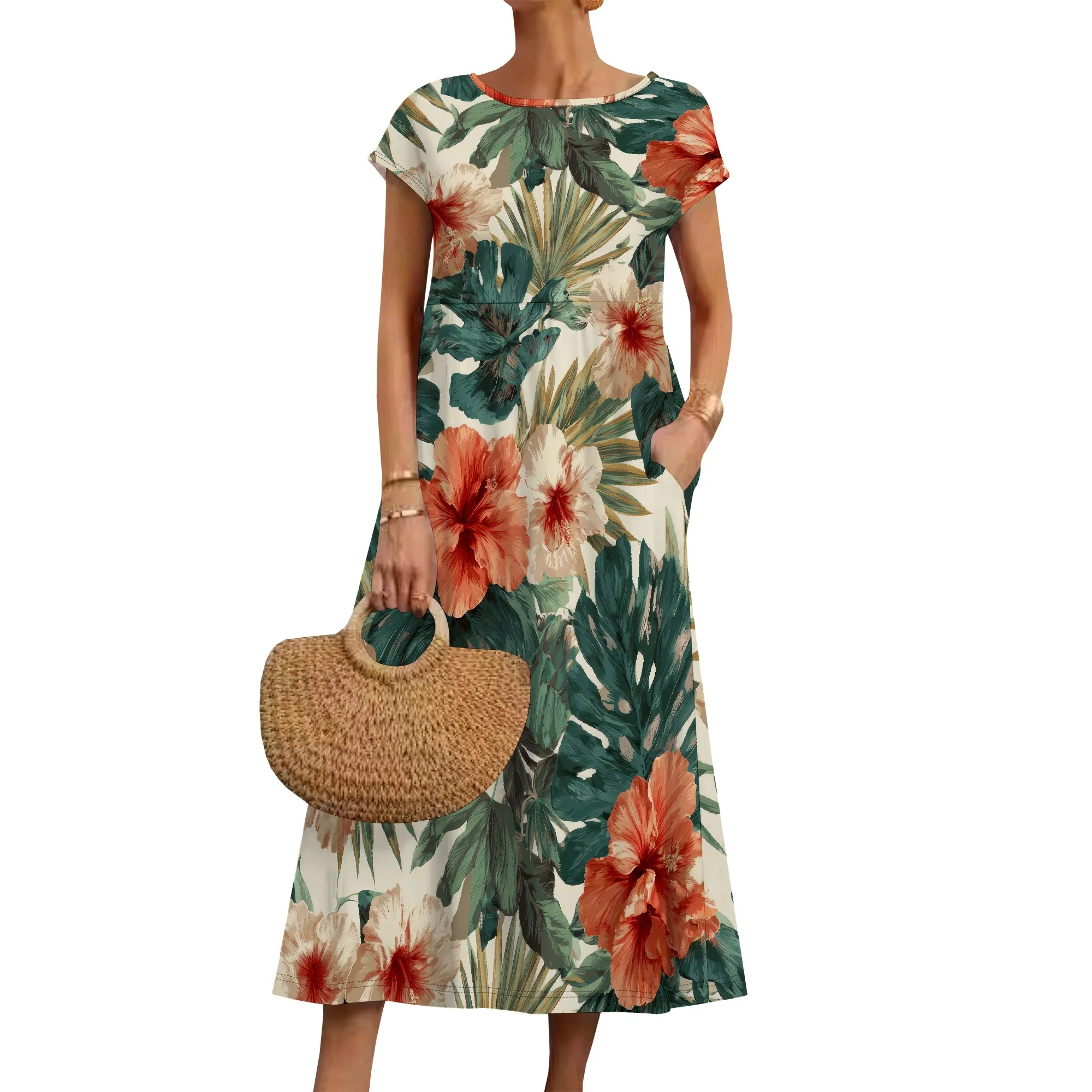 

Maxi Dress for Women Short Sleeve Casual Summer Loose Plain Comfy Long Dresses with Pockets