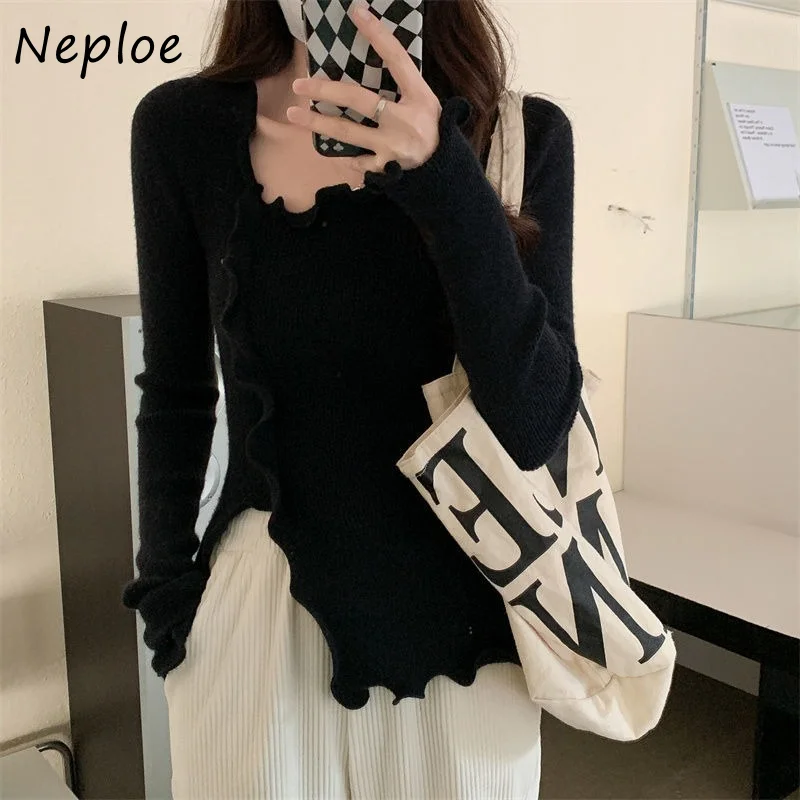 Neploe Sweet Fungus Edge Bottoming Shirt Women Split Irregular Knitting Tops Woman Long Sleeve Solid Color Sweater Shirts Female