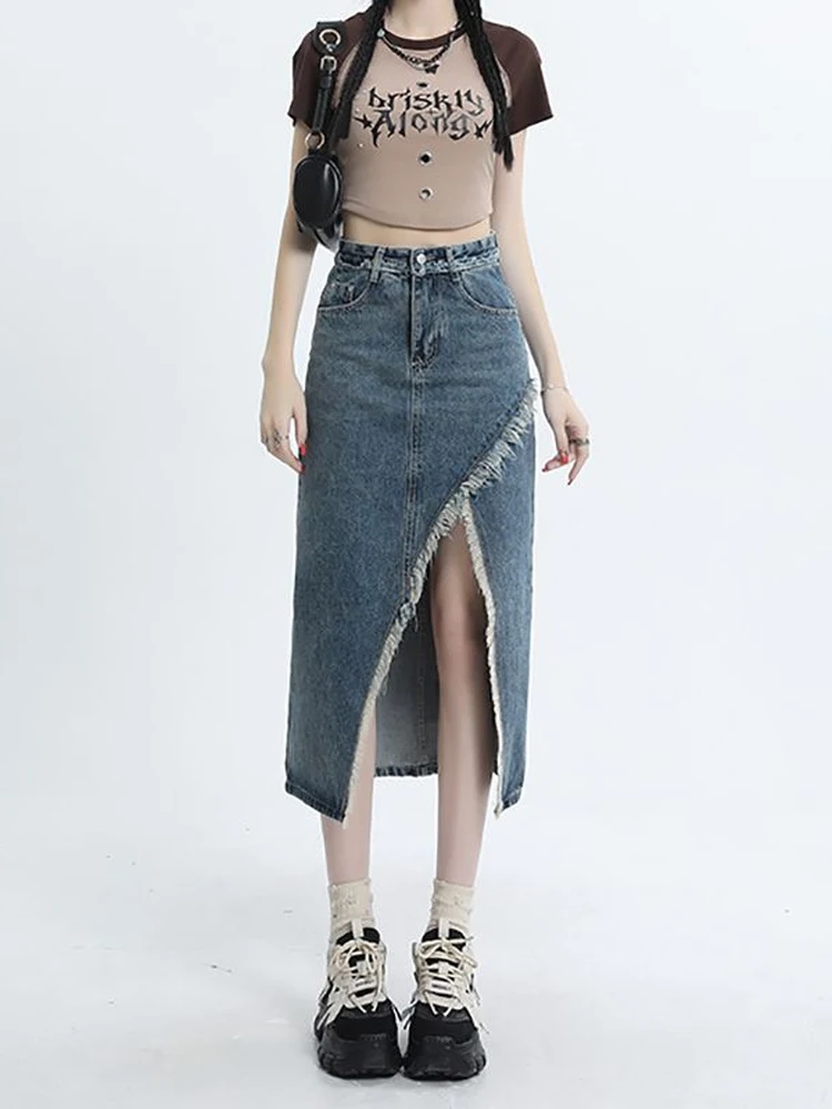 High Waist A-Line  Dress Vintage Ripped Color Block Slimming Midi Skirt for Women Commute Casual Daily Travel Jeans Skirt