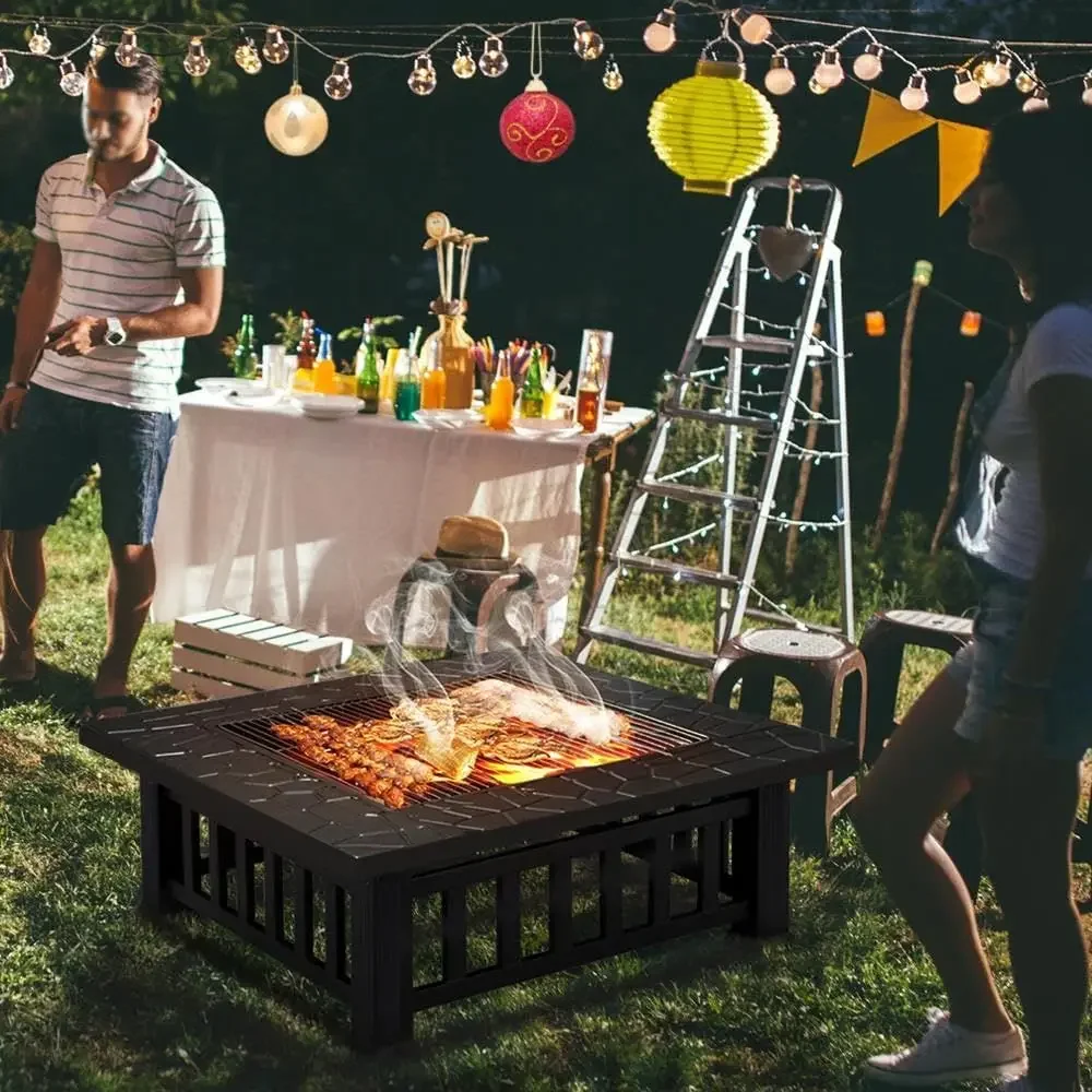 32-inch Square Metal Fire Pit Table for Outdoor Patio, Garden, and Camping, Ideal for Heating, Bonfires, and Picnics
