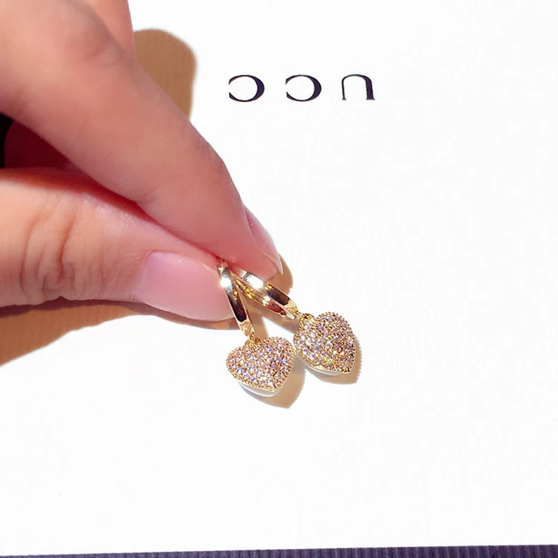 JUWANG New Fashion Korean Exquisite Super Shine Crystal Hoop Earrings Heart Earrings Buckle for Women Fine Delicate Women Gift