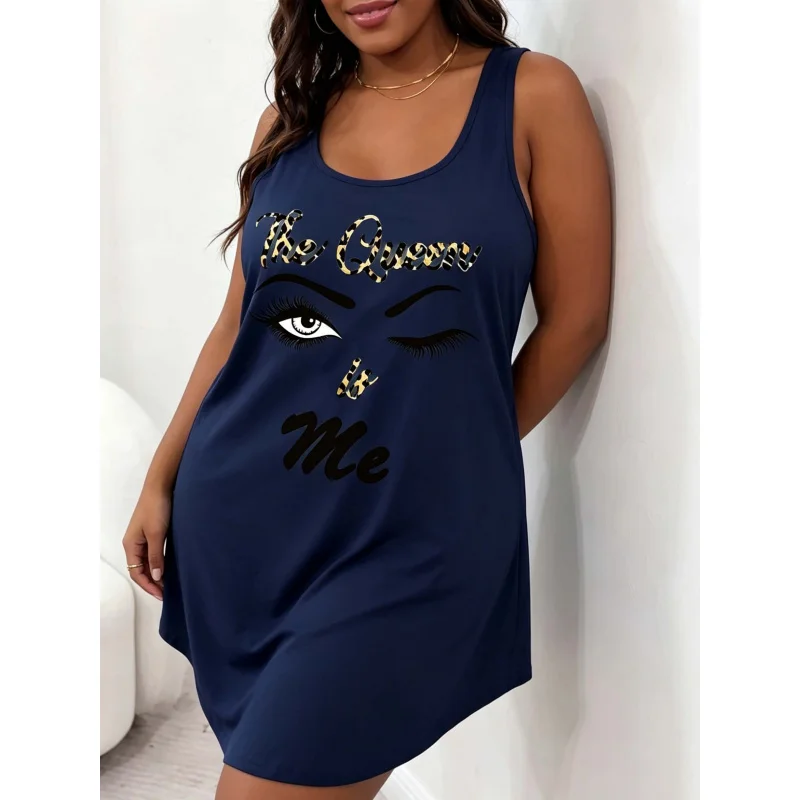 

Plus-size women's casual sleepwear, letter-print round neck curved hem straight sleep dress, plus-size summer cool home clothing