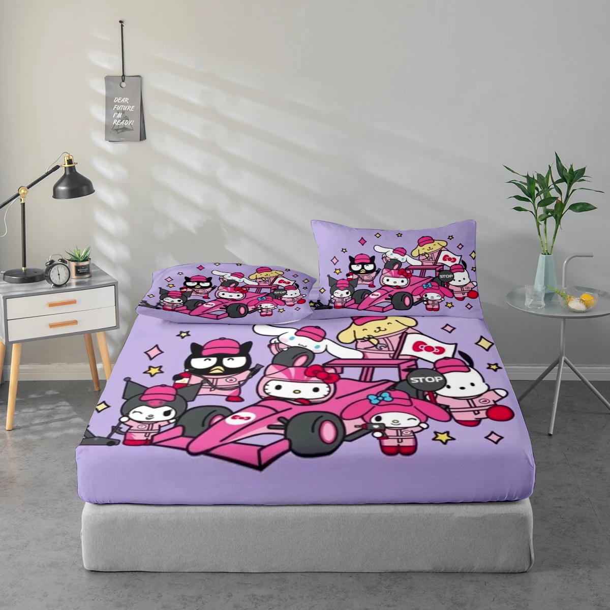 

Комплект постельного белья из 3 предметов с цифровой печатью высокого разрешения, комплект постельного белья с крупным цветочным принтом в стиле Hello Kitty, включает 1 простыню на резинке + 1/2 наволочку, подходит для спальни, гостевой комнаты, домашнего