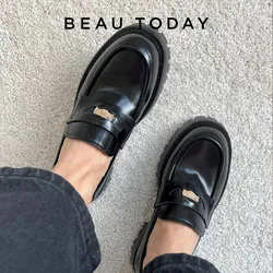 BeauToday Moccasin Loafers Women Genuine Cow Leather Penny Flats Round Toe Slip On Female Casual Platform Shoes Handmade 26569