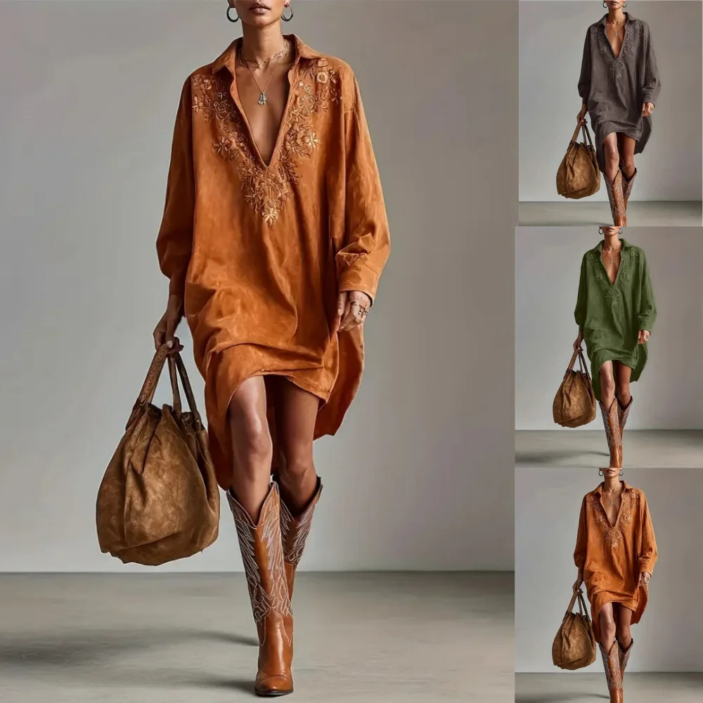 

2026 весеннее свободное мини-платье с отложным воротником, элегантное модное короткое платье-рубашка с длинными рукавами и вышивкой, женское