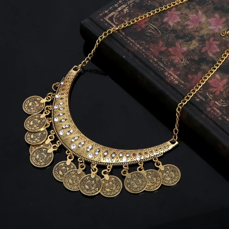 31BB 2pcs Exquisite Silver Metal Clavicle Chain Ethnic Style Coin Necklace Earring Set Gift for Women Teen Girls Daily Wear
