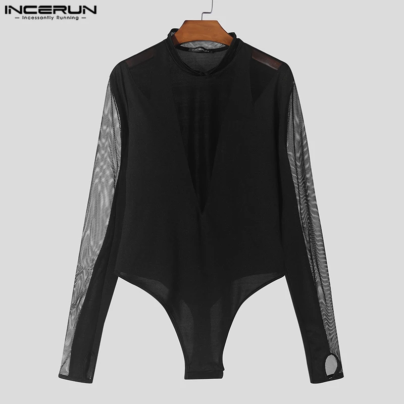 INCERUN American Style Fashion Jumpsuit New Men Sexy Mesh Splicing Rompers Thin Tight Stand Neck Long Sleeved Triangle Bodysuits