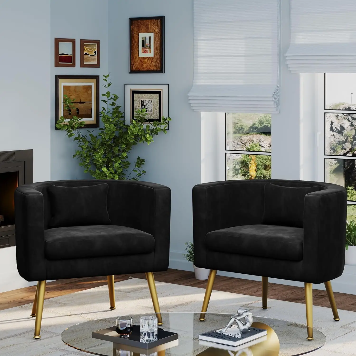Black Velvet Barrel Accent Chairs Set of 2, Modern Armchair for Living Room Bedroom, Customized