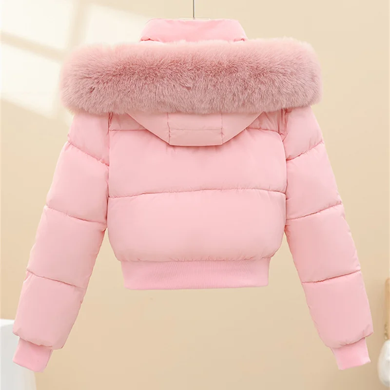 Women Winter Cotton Coat Short Fur Collar Hooded Outerwear Windproof Warm Long Sleeve Jacket Solid Color Slim Fit Lady Down Coat