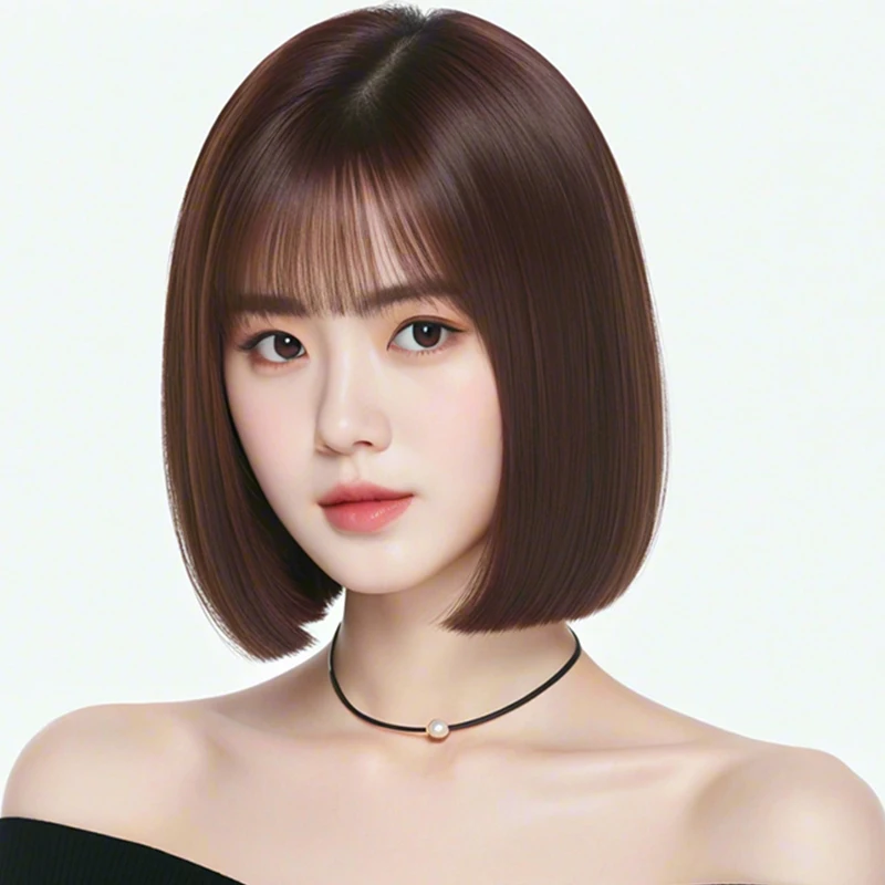 

Brown Bob Head Wig with Bangs, Short Straight Synthetic Hair, 12 Inch Breathable Cap, Women's Versatile Style, Perfect for Casua