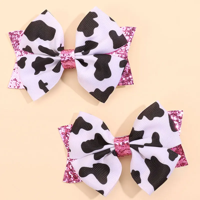 2pcs Fashion Ribbon Cow Printing Hairpins Girls Glitter Hair Bow Clips Sweet Hairgrip Barrette Kids Headwear Hair Accessories