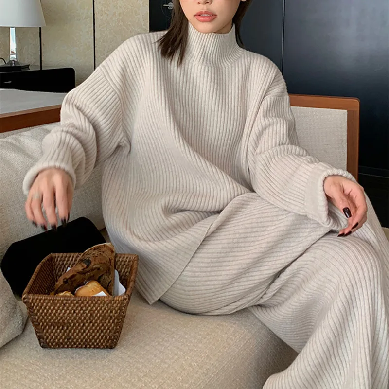 Casual Suit For Women 2024 Autumn And Winter New Lazy Style Semi High Neck Sweater Knitted Wide Leg Pants Two-Piece Set