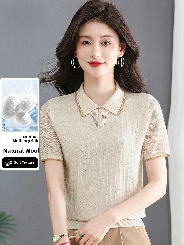 

Elegant Hollow out Silk Blend Knitwear Women's Turn down Collar Light Luxury Natural Wool Spring Summer Soft Polyester Fiber