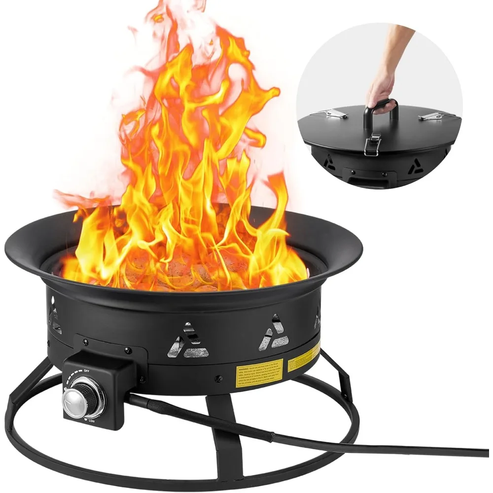 

Fire Pit, 24-inch Diameter Outdoor Portable Gas Fire Pit With Cover & Lava Rocks, Adjustable Flame Height Camping Firep