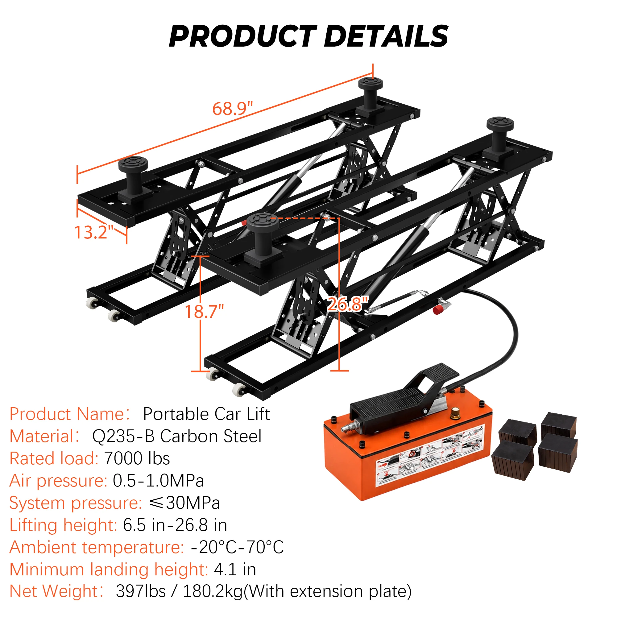7000LBS Portable Air Hydraulic Car Lift 26.8 Inch Max Height 11.5 Inch Extension Plates Q235B Steel Sedan SUV Pickup Garage