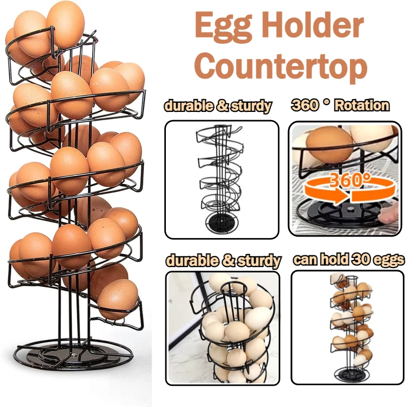 

1Pc Spiral Egg Holder Countertop Can Holds 30 Eggs Black/Silver Storage Skelter with Non-Slip Base Excluding Eggs