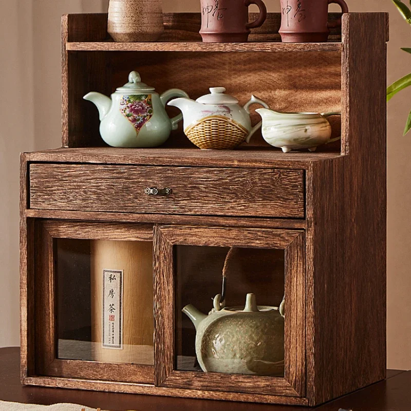 Desktop Teacup Storage Cabinet, Tea Set Display Shelf, Dustproof Organizer, Elegant Wooden Box, Antique Decor