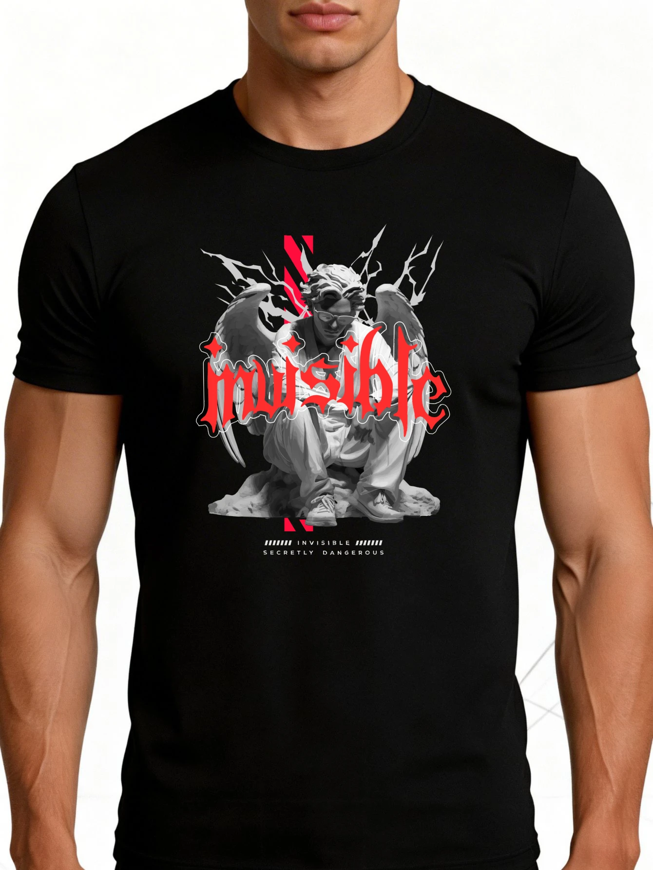 Graphic Design Men's T-Shirt, Featuring a Hidden Angel with Red Text and Lightning Effect, Suitable for Casual Wear in Spring and Summer, an Ideal Gift for Fashion Enthusiasts.