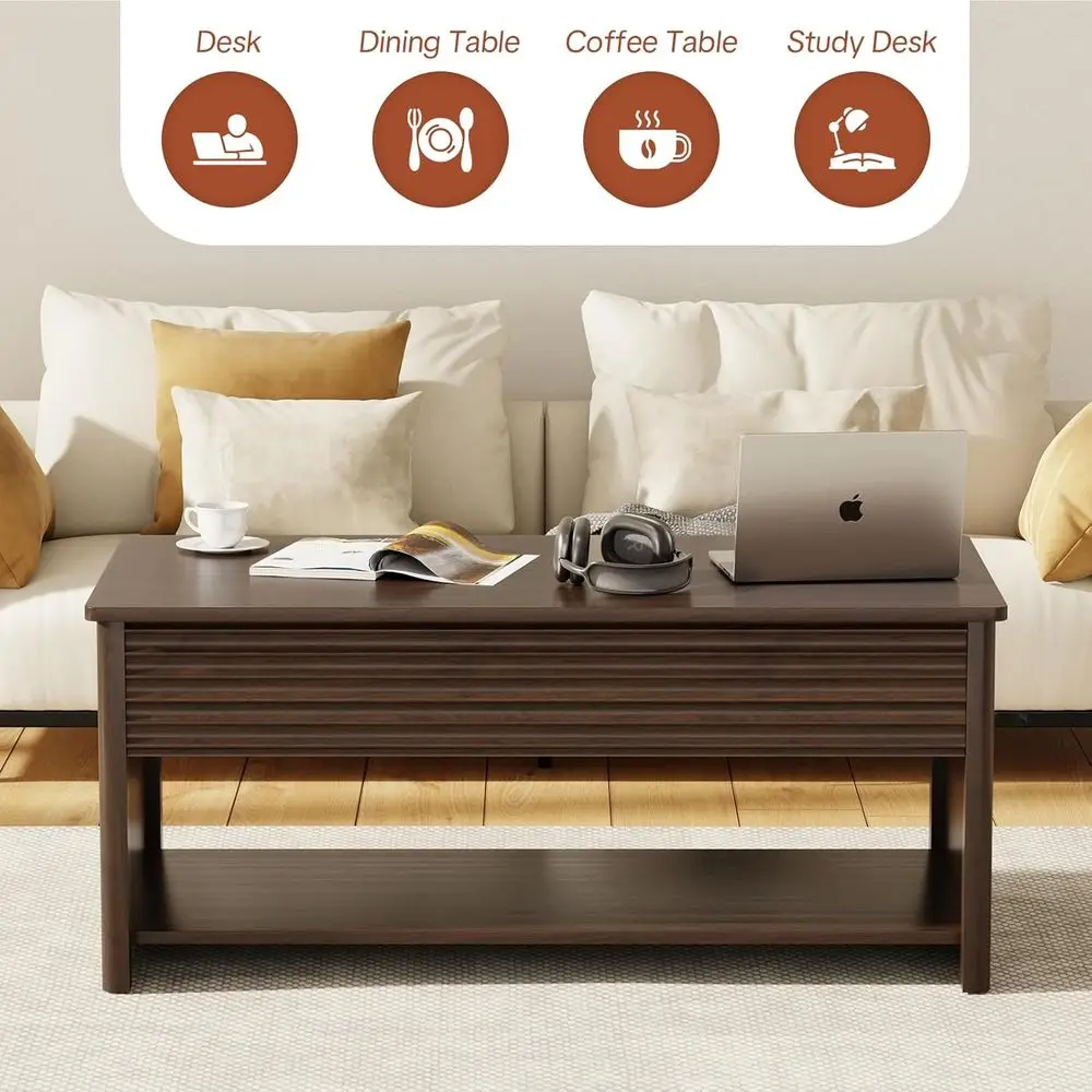 Modern Rectangular Lift-Top Coffee Table with Fluted Design, Storage, and Rounded Edges in Brown