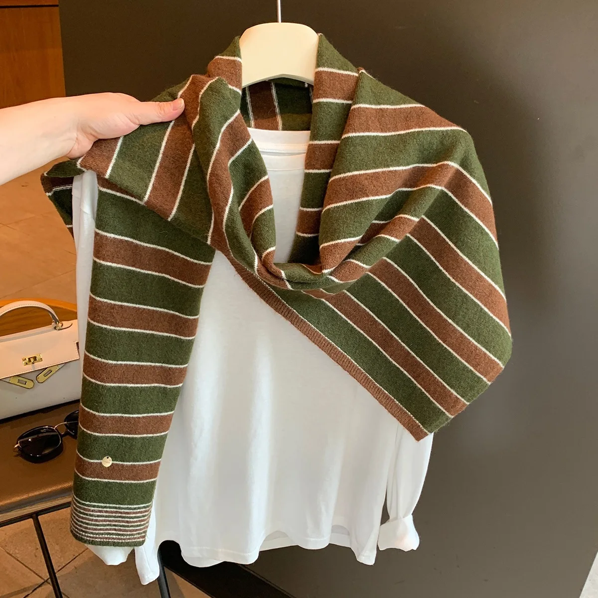 Striped Knitted Woolen Shawl Women Spring Fall Versatile Shoulder Summer Air-conditioned Room Wrap Outside The Vest Fake Collar