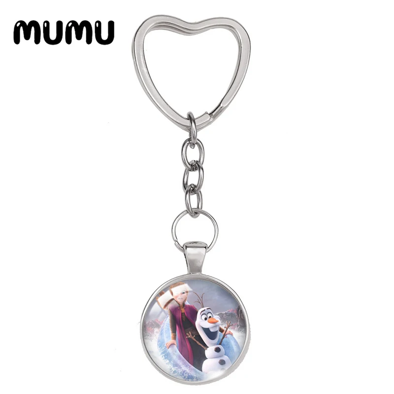 2024 New Princess Elsa Heart Keyring Anna Olaf Keychain Glass Dome Cabochon Jewelry Gifts Children