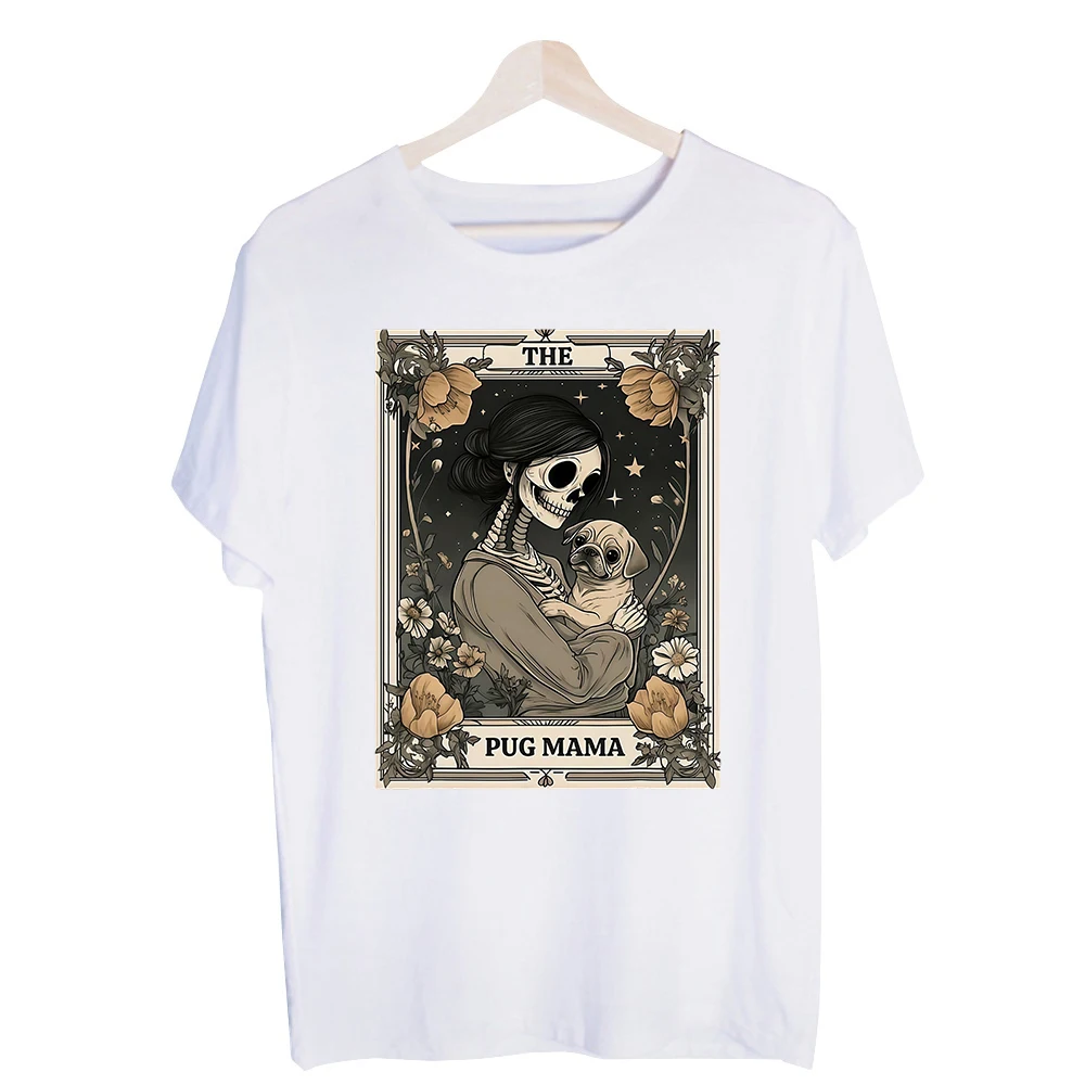 Women's Skeleton with Pug Graphic Tee, Short Sleeve Crew Neck T-Shirt for Casual Daily Wear and Halloween Outfits
