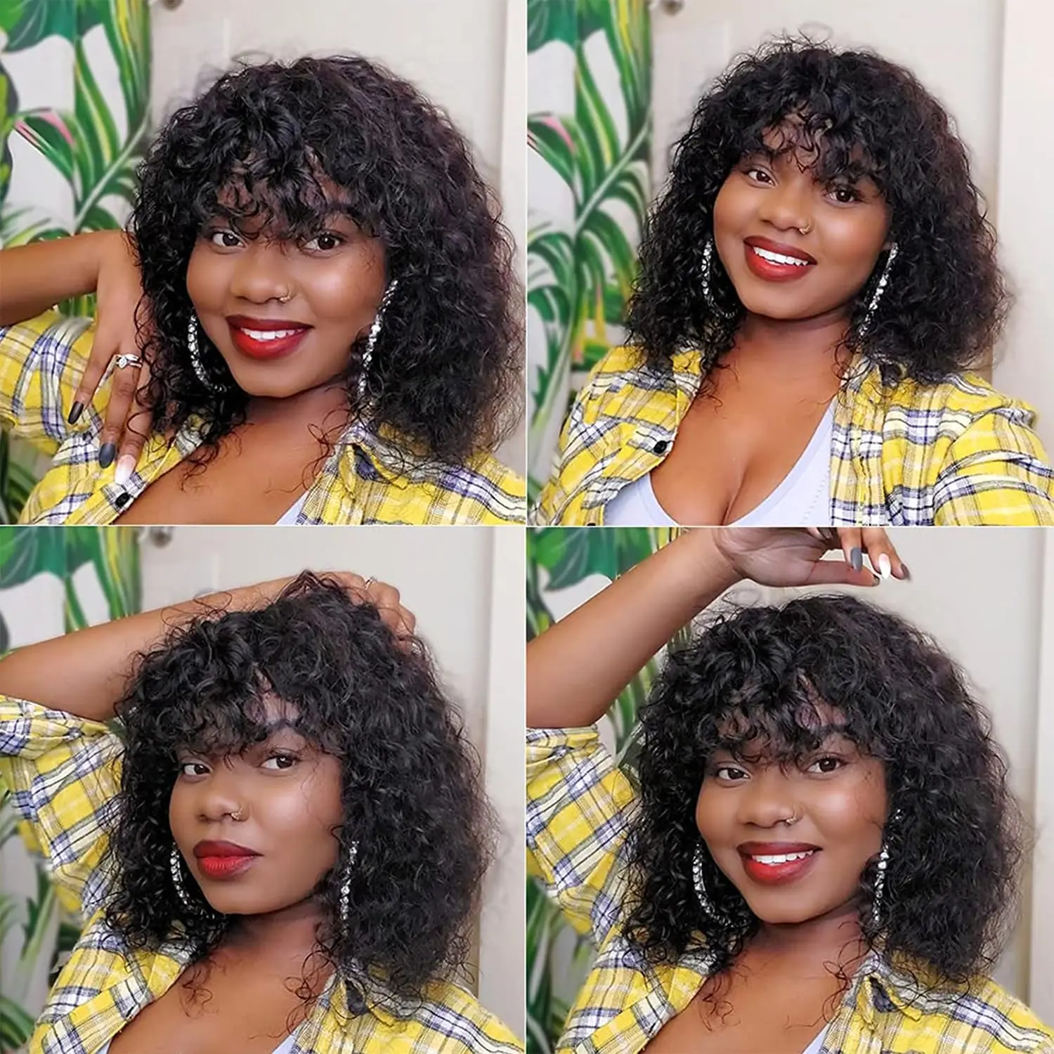200% Density Human Hair Curly Bob Wig With Bangs Brazilian Black Water Wave Wigs For Women - Full Machine Curly Wave Rose Net Cap Suitable For Women Natural & Black Human Hair Bangs Wig view 7