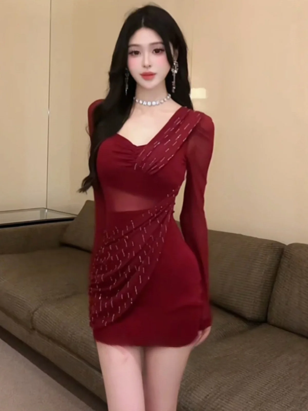 

Ele Red Long Sve Dr Women's Spring Slim Fit ort Skirt High Waist Simple Sle Suitable for Daily Wear And Par