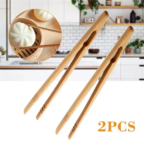 2Pcs 18cm 대나무 나무 나무 음식 토스트 샐러드 집게 토스터 베이컨 설탕 아이스 티 통 차 클립 주방용 차 도구