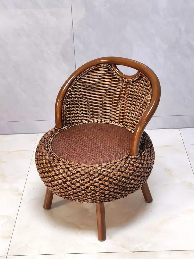 Retro color rattan chair balcony living room casual seat shoe change stool rattan straw weaving new back chair low stool