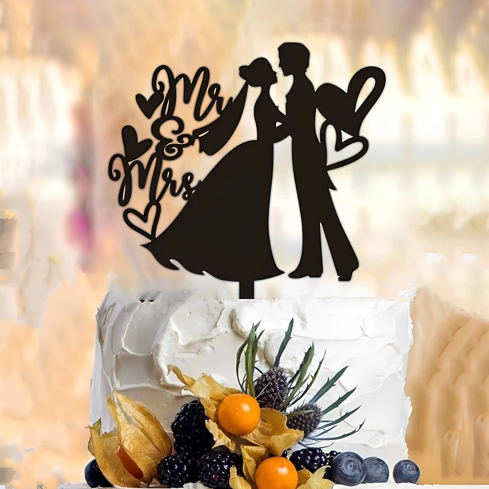 Eleganter Mr & Mrs Hochzeitstorte-Topper aus schwarzem Acryl für Braut und Bräutigam, Paar zum Jahrestag, Valentinstag, Party, Dessert-Dekoration