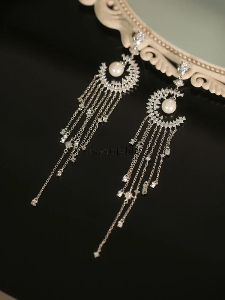 Handmade Super Fairy Mori Style Long Tassel Crystal Moon Pearl Earrings Temperament Female