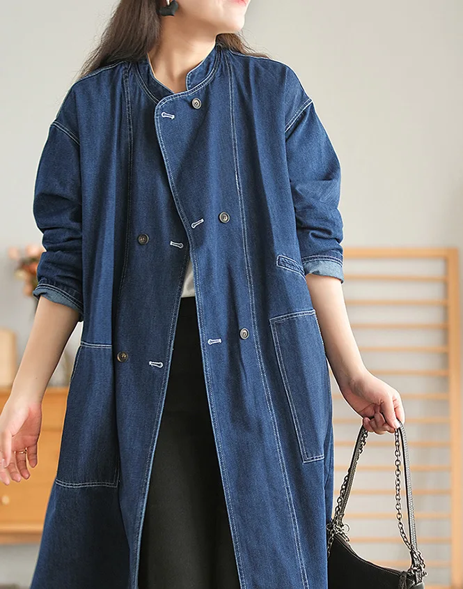 

SuperAen 2022 Autumn New Slim Retro Loose Cotton Denim Blue Line Button All Match Coat Jacket Women