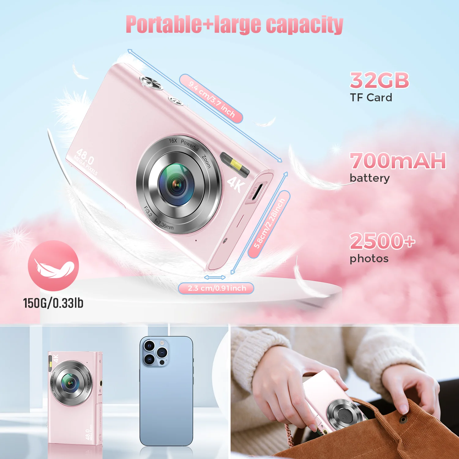 4K Digital Cameras for Kids Mini Autofocus Camera with Bag for Photography HD 48MP with 2.8\