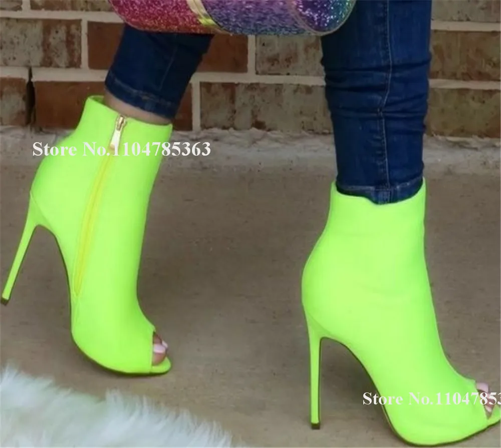 

Women Classical Style Stiletto Heel Short Boots Peep Toe Suede Zipper-up Yellow Red Blue Thin Heel Ankle Booties Big Size Heels