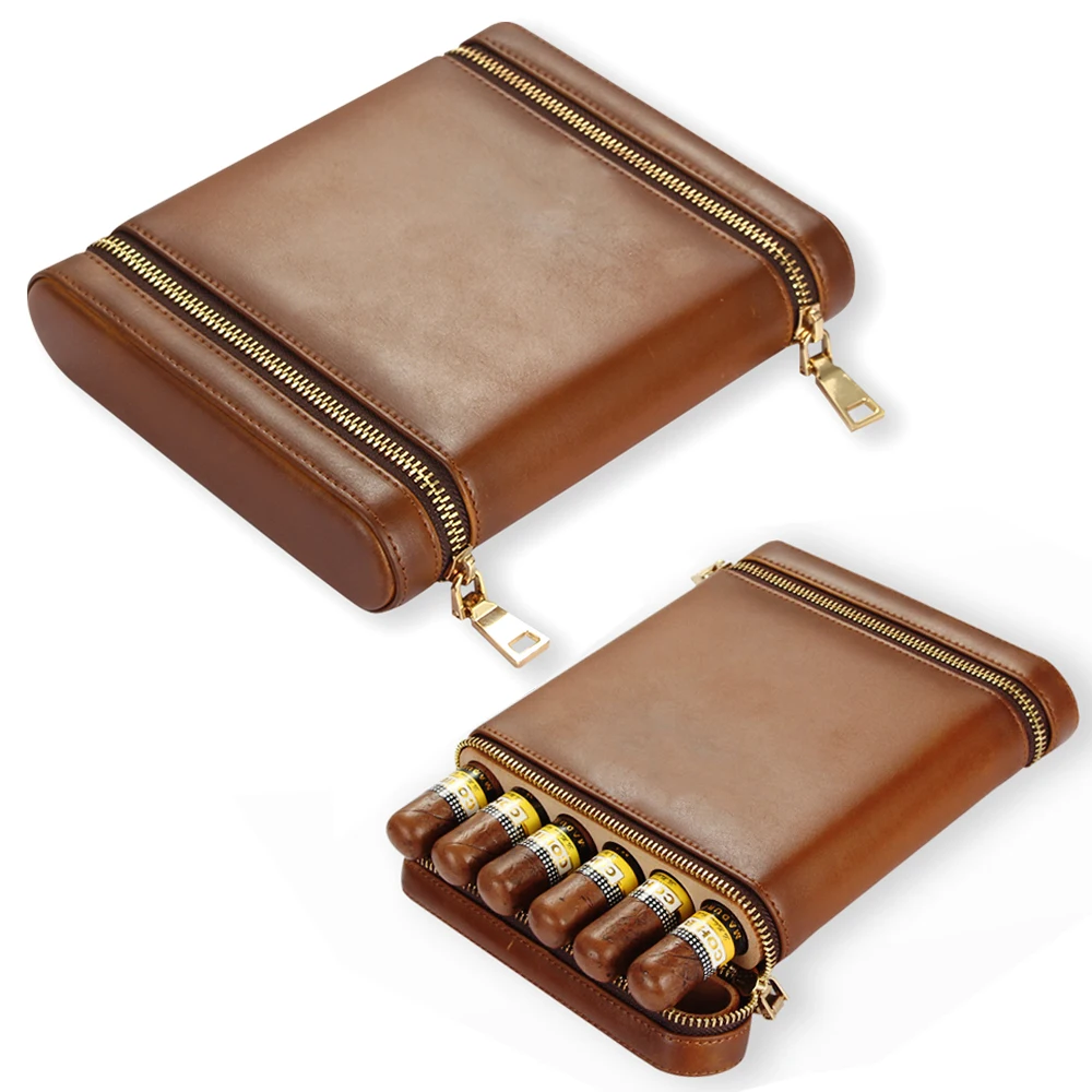 

GALINER Cedar Wood Lined Leather Cigar Case Travel Humidor Box Portable With Bulit-in Humidifier Cigar Bag