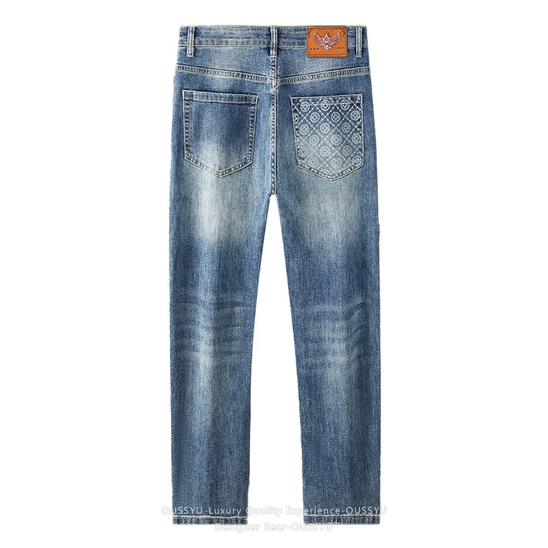 Luxury Quality Men's Light Blue Denim Jeans Slim Straight Cotton Casual Pants Business Design Trouser Man European Retro Style